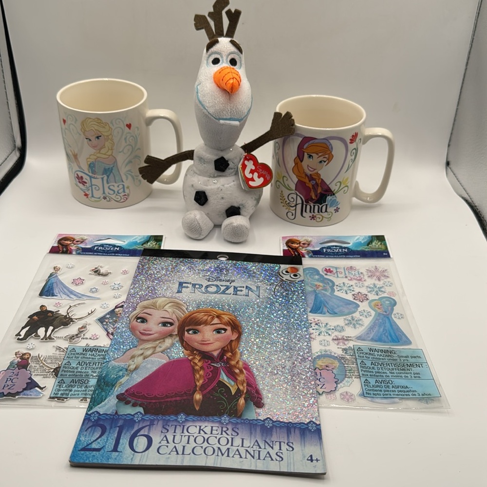Disney frozen BUNDLE 2 mugs 14oz Anna & Elsa TY Olaf 216 stickers book plus more